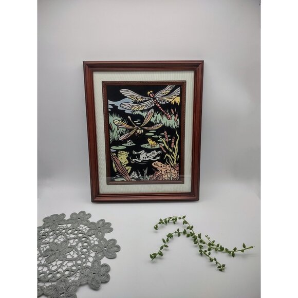 Vintage Dragonfly Frog Toad Pond Swamp Lake Foxtail Black Velvet Framed Painting - Picture 1 of 12